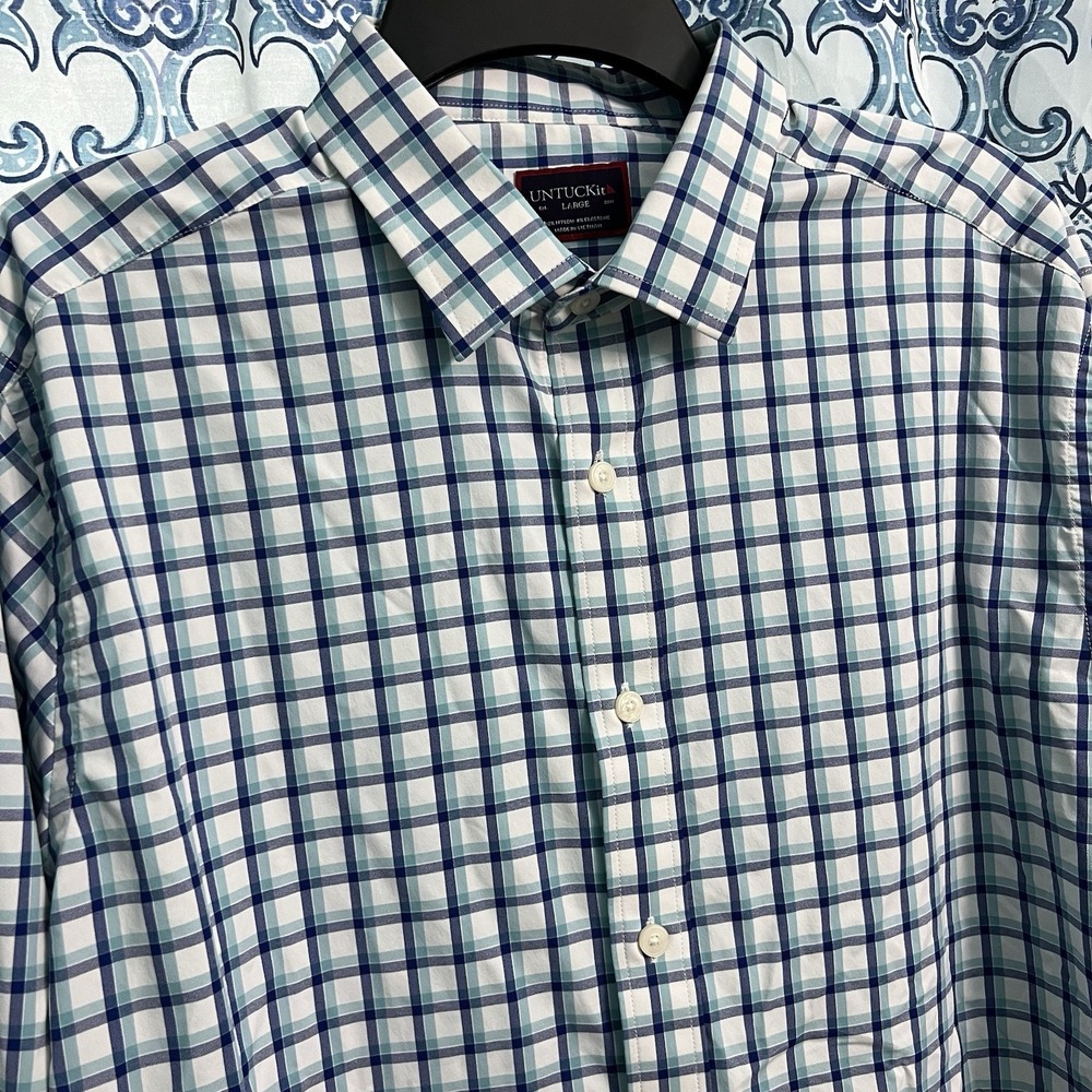Untuckit Shirt Mens Large Blue Plaid Long Sleeve Button Up Performance Stretch